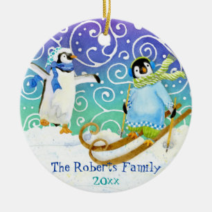 Pingouin Skiing Famille Ornement de Noël personnal