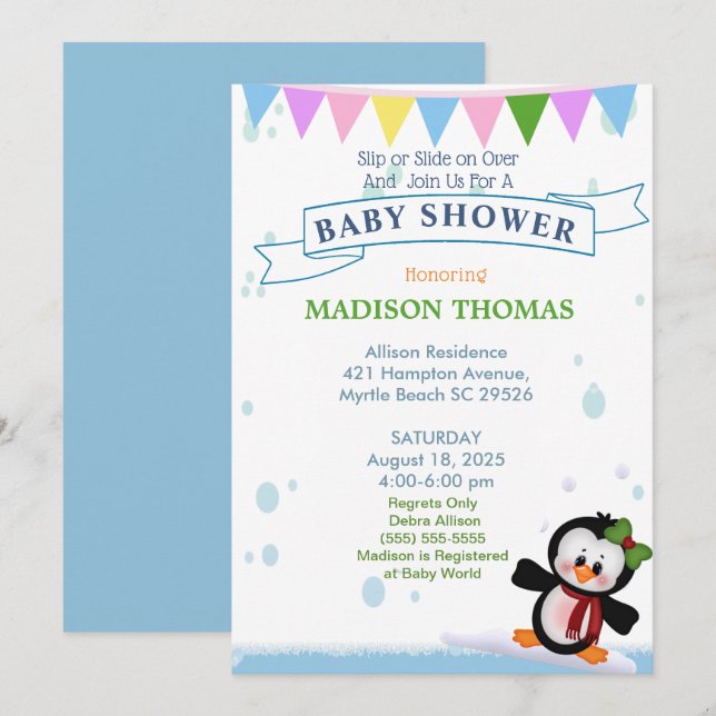 Pingouin Sur Invitation Baby shower De Glace (Devant / Derrière)