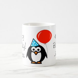Pingouin tasse d'anniversaire avec ballon rouge et