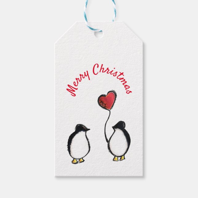 Pingouins avec ballon cardiaque étiquette de Noël (Devant)