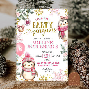 Pingouins de la fête rose hiver Invitation d'anniv