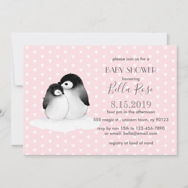 Pingouins gris rose Coeurs Baby shower Invitation (Devant)