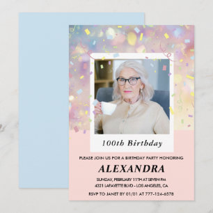 Pink 100th birthday invitations Confetti Photo 