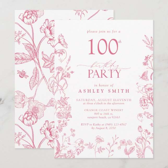 Pink 100th Birthday Party Victorian Floral Invitation (Front/Back)