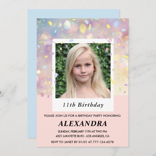Pink 11th birthday invitations Confetti Photo  (Front/Back)