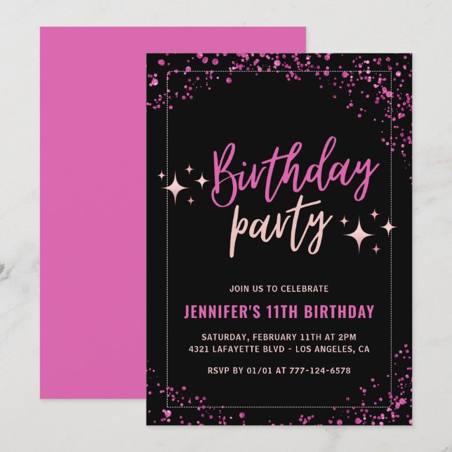 Pink 11th birthday invitations Glitter Party Glam (Front/Back)