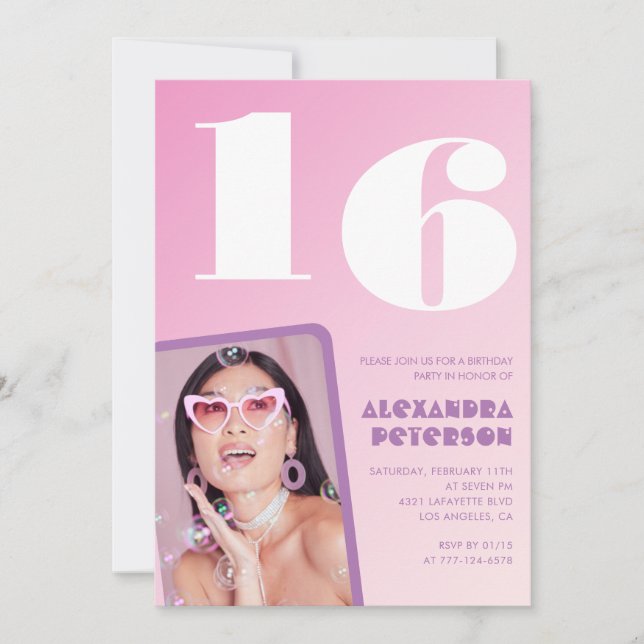 Pink 16th birthday invitations Retro Photo (Front)