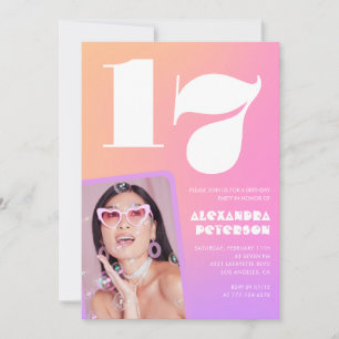 Pink 17th birthday invitations for her Retro Photo