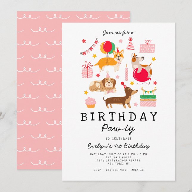 Pink 1er anniversaire Invitation de Pawty Party (Devant / Derrière)