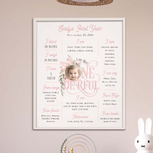 Pink 1st Birthday Elegant Onederful photo mileston Print