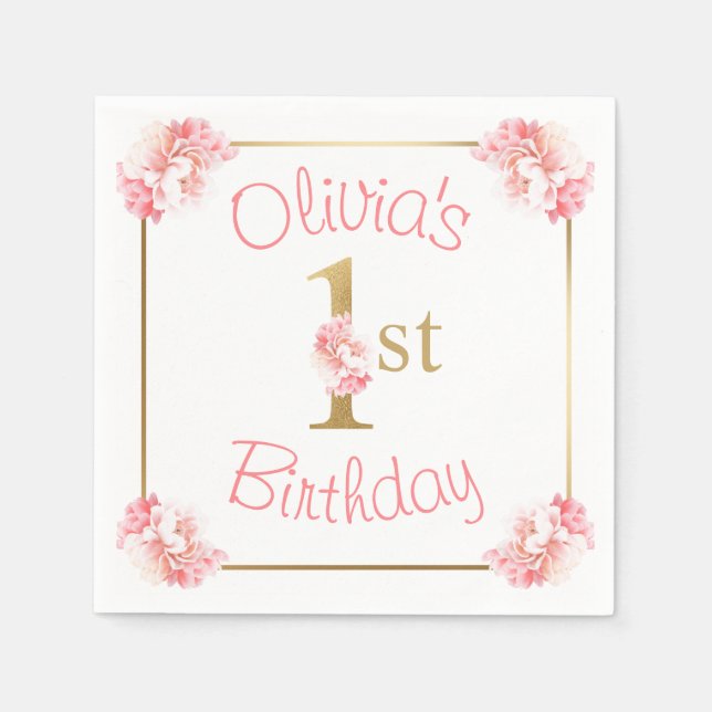 Pink 1st Birthday Girl Floral Party Napkin (Front)