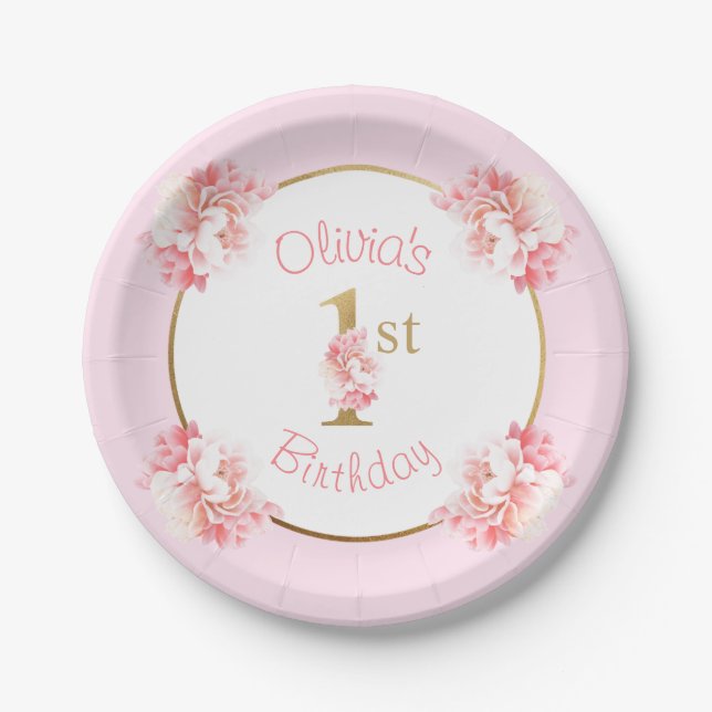 Pink 1st Birthday Girl Floral Party Paper Plate (Front)