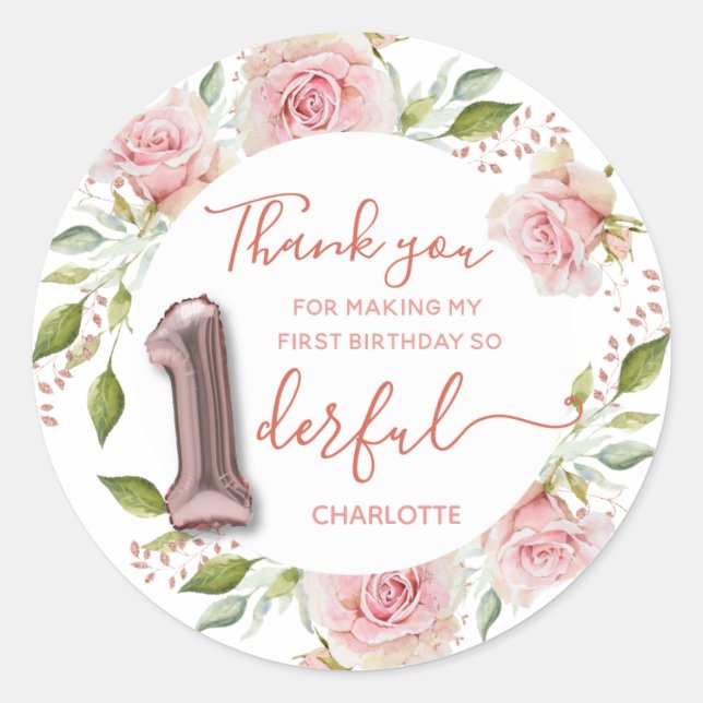Pink 1st Birthday Thank you Classic Round Sticker (Front)