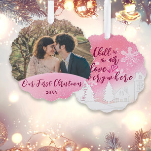 Pink 1st Christmas Together Married Custom Photo Ornament Card
