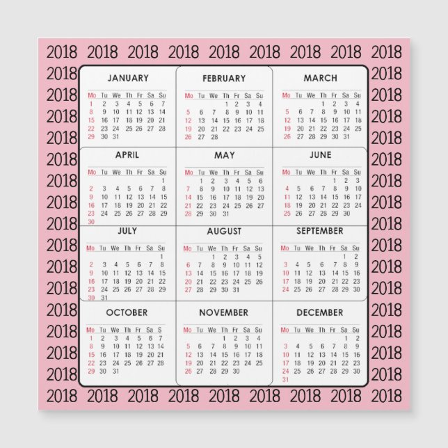 Pink 2018 Calendar Square Magnetic Card (Front)
