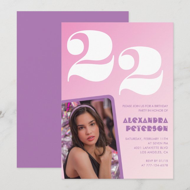 Pink 22nd birthday invitations Retro Photo (Front/Back)