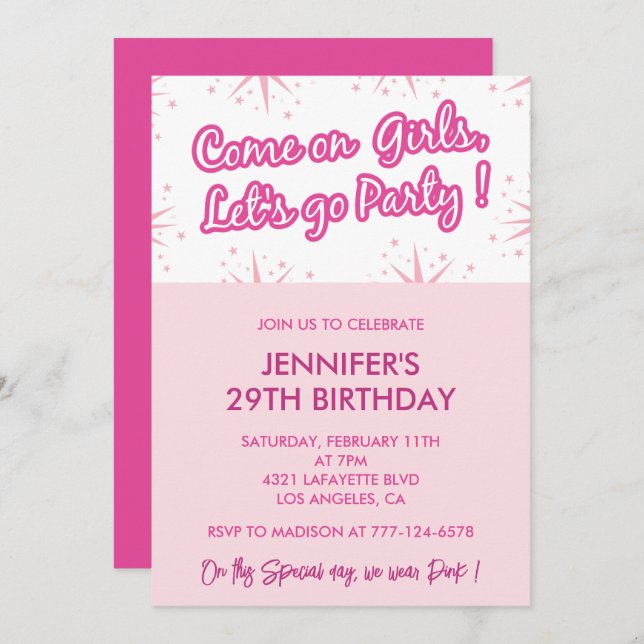 Pink 29e anniversaire invitations fun branché fill (Devant / Derrière)