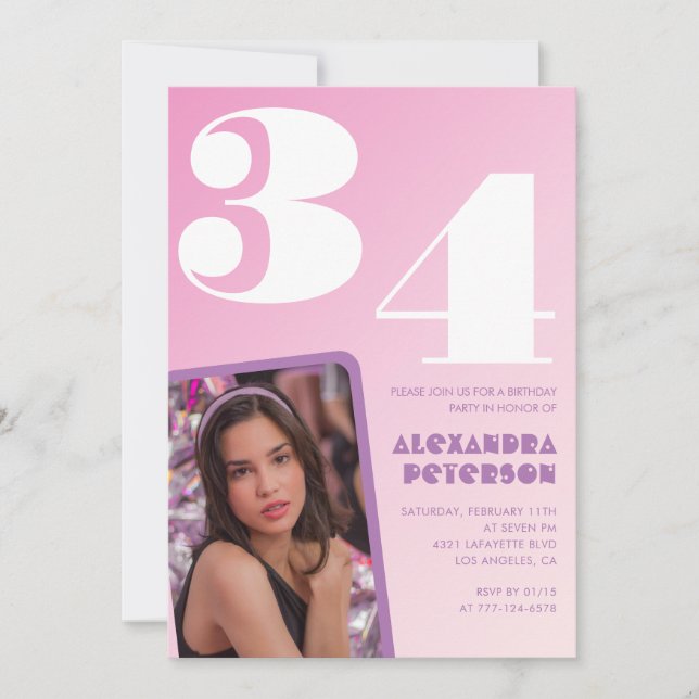 Pink 34th birthday invitations Retro Photo (Front)
