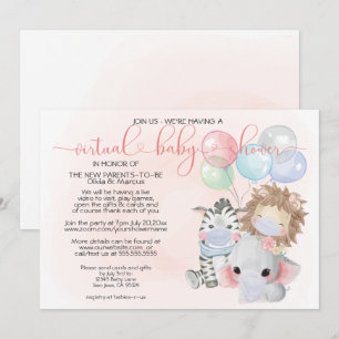 Pink 3 Cute Animals in Masks Virtual Baby Shower Invitation