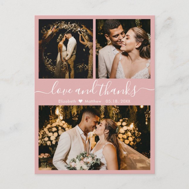 Pink 3 Photo Collage Mariage Merci carte postale (Devant)