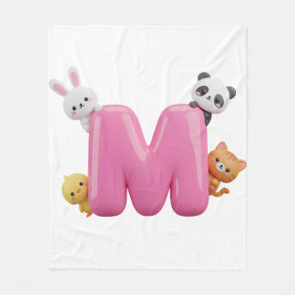 Pink 3D Letter M Fleece Baby Blanket with Animals