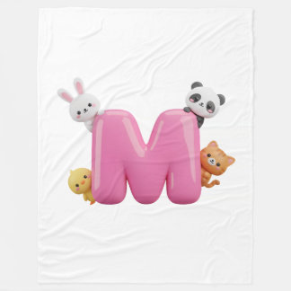 Pink 3D Letter M Fleece Throw Blanket with Animals