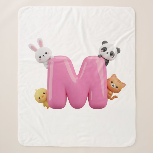 Pink 3D Letter M Medium Sherpa Blanket with Animal (Front)
