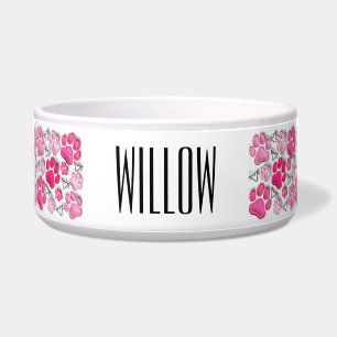 Pink 3D Paw Prints and Hearts Dog Water Food