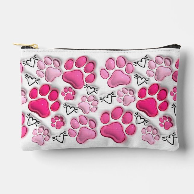 Pink 3D Paw Prints and Hearts Makeup Accessory Pouch (Front)