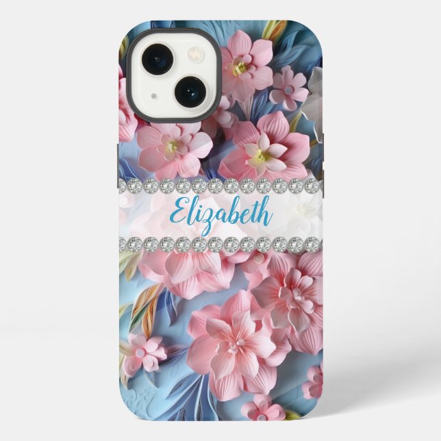 Pink 3D primroses, diamond frame custom iPhone Case (Back)