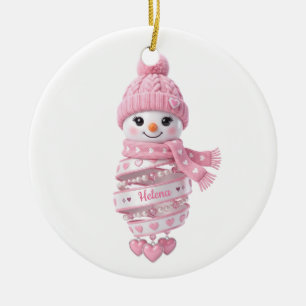 Pink 3D Snowgirl Ribbon Custom Name Ceramic Ornament