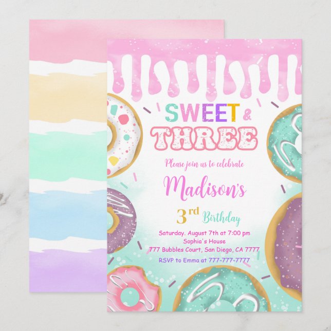 Pink 3rd Birthday Doughnut Party Invitation (Front/Back)