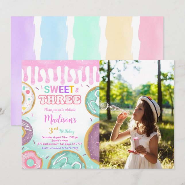 Pink 3rd Birthday Doughnut Party Photo Invitation (Front/Back)