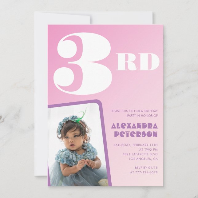 Pink 3rd birthday invitations Girl Retro Photo (Front)