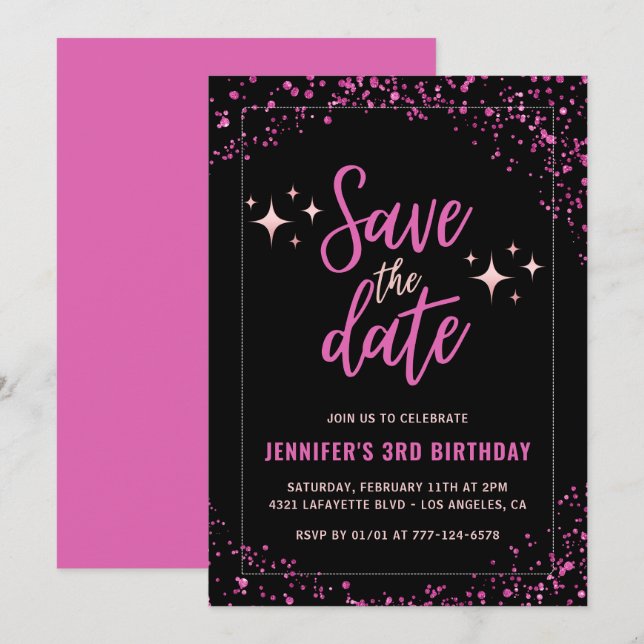 Pink 3rd birthday invitations Save the date Glam (Front/Back)