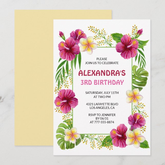 Pink 3rd birthday invitations Tropical Party Luau  (Front/Back)