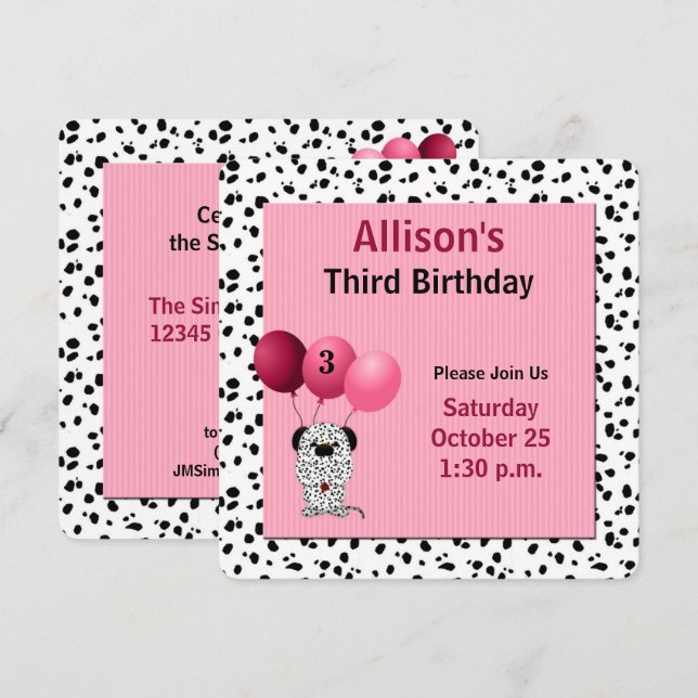 Pink 3rd Birthday Party with Dalmatians Invitation (Front/Back)