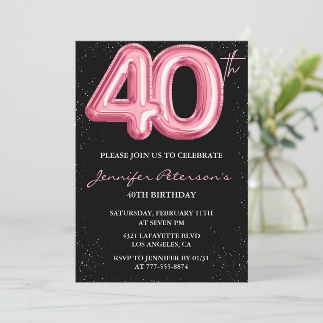 Pink 40th birthday invitations Balloon Glam Black (Standing Front)