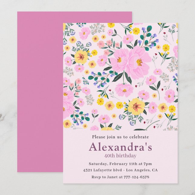 Pink 40th birthday invitations Boho Floral Chic (Front/Back)