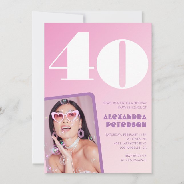 Pink 40th birthday invitations Retro Photo (Front)