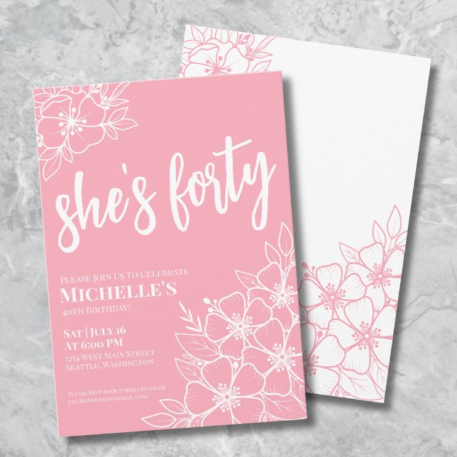 Pink 40th Birthday Party Invitation (Floral Pink 40th Birthday Party Invitation)