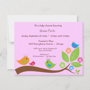Pink 4 Birdies And Flowers Baby Shower Invitation