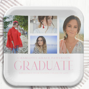 Pink 4 Photo Graduation Party Collage Paper Plate