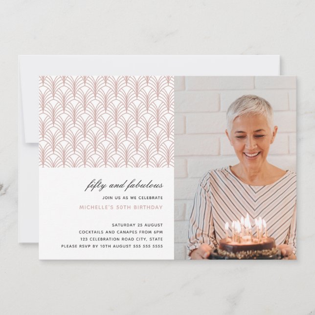 Pink 50 and Fabulous Art Deco Photo 50th birthday Invitation (Front)