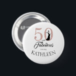 Pink 50 and Fabulous Birthday Party Custom Name 2 Inch Round Button<br><div class="desc">Celebrate turning 50 in style with this elegant 50th birthday design you can customize with your name! 50 and fabulous in faux pink glitter and black with dancing silhouette. Matching products and other colours are available in our shop. Custom requests are welcome.</div>