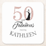 Pink 50 and Fabulous Birthday Party Custom Name Square Paper Coaster<br><div class="desc">Celebrate turning 50 in style with this elegant 50th birthday design you can customize with your name! 50 and fabulous in faux pink glitter and black with dancing silhouette. Matching products and other colours are available in our shop. Custom requests are welcome.</div>