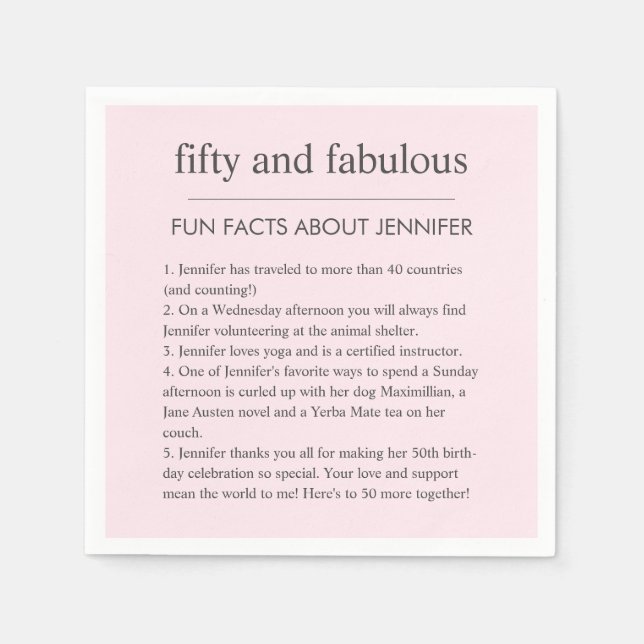 Pink 50 and Fabulous Birthday Party Fun Facts Napkin (Front)