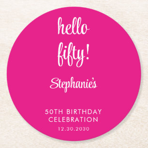 Pink 50th Modern Birthday Round Paper Coaster