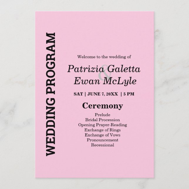 Pink  5x7 Wedding  Program (Front)