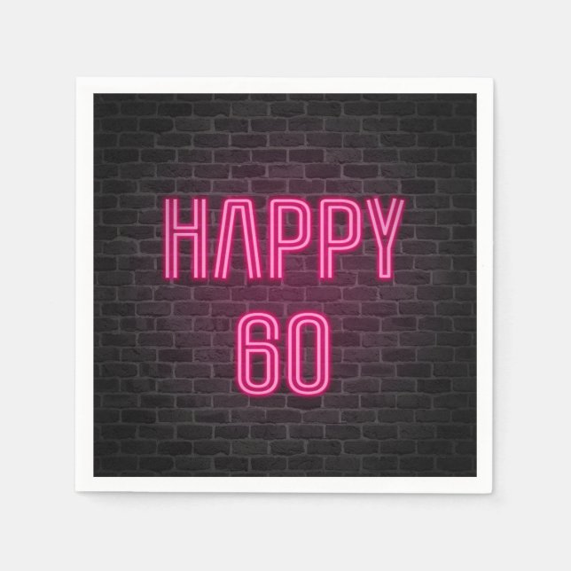 Pink 60th Birthday neon sign on brick wall Napkin (Front)